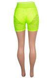 Fluorescent Green Fashion Sexy Solid Patchwork See-through Skinny High Waist Shorts