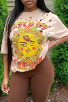 Apricot Casual Print Patchwork O Neck T-Shirts