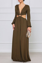 Moda marrón Elegante Sólido Ahuecado Cuello en V Una línea de vestidos