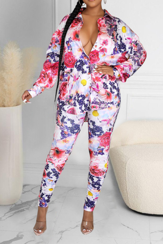 Red Sexy Print Patchwork Turndown Collar Long Sleeve Two Pieces