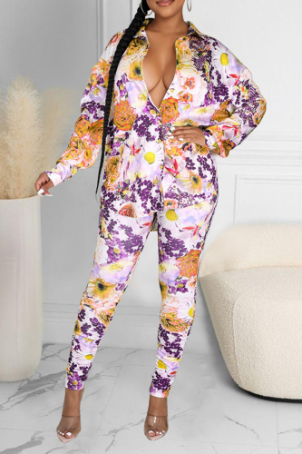 Yellow Sexy Print Patchwork Turndown Collar Long Sleeve Two Pieces