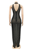 Black Sexy Patchwork Hot Drilling See-through Backless Half A Turtleneck Evening Dress
