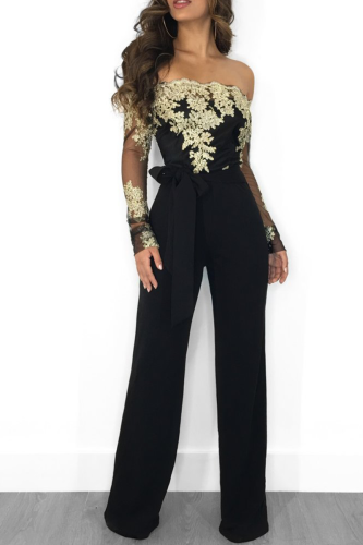 Black Gold Sexy Solid Lace Off the Shoulder Boot Cut Jumpsuits