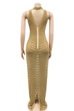 Золотое сексуальное лоскутное горячее сверление прозрачное вечернее платье с вырезом на спине до половины водолазки
