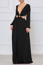 Black Fashion Elegant Solid Hollowed Out V Neck A Line Dresses