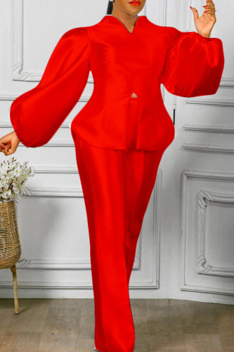 Red Fashion Casual Solid Slit V Neck Long Sleeve Two Pieces