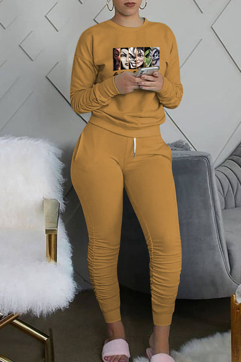 

Apricot Fashion Sexy Print Split Joint O Neck Long Sleeve Two Pieces