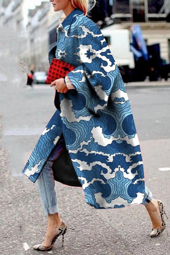 Blue Street Camouflage Print Patchwork Turndown Collar Outerwear