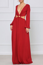 Mode rouge élégant solide évidé col en V une ligne robes