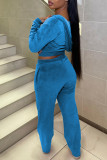 ブルーファッションカジュアルソリッドジッパーフード付きカラー長袖ツーピース