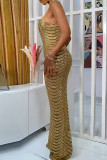 Gold Sexy Patchwork Hot Drilling See-through Backless Half A Turtleneck Evening Dress