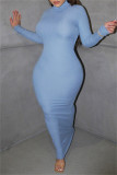 Vestidos casuais azuis sensuais sem costas com gola alta mangas compridas