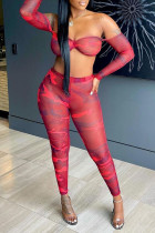 Watermelon Red Fashion Sexy Print Split Joint Strapless Long Sleeve Two Pieces