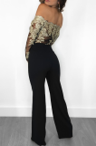 Black Gold Sexy Solid Lace Off the Shoulder Boot Cut Jumpsuits