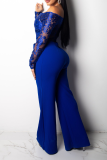 Blue Sexy Solid Lace Off the Shoulder Boot Cut Jumpsuits