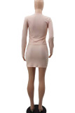 Pink Sexy Solid Patchwork Zipper Zipper Collar Long Sleeve Two Pieces