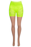 Fluorescent Green Fashion Sexy Solid Patchwork See-through Skinny High Waist Shorts