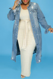 Ljusblå Mode Casual Solid Ripped Cardigan Turndown Krage Plus Size överrock