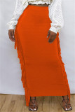 Оранжевая модная повседневная однотонная юбка с высокой талией и кисточками