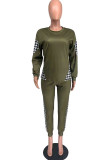 Army Green Fashion Casual Print Patchwork O Neck Long Sleeve Two Pieces