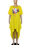 Gele Casual Print Patchwork O-hals onregelmatige jurk Jurken