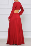 Röd Mode Elegant Solid urholkad V-hals A Line Klänningar