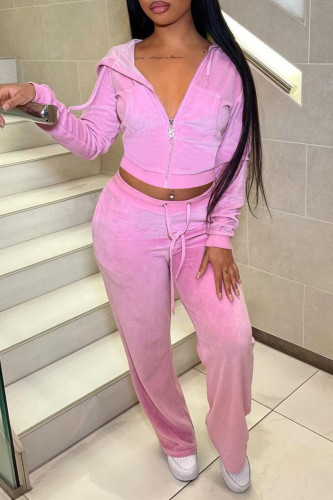 Pink Fashion Casual Solid Zipper Hooded Collar Long Sleeve Two Pieces
