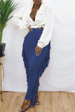 Falda de cintura alta regular con borlas sólidas informales de moda azul