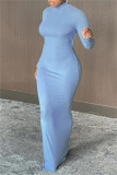 Vestidos casuais azuis sensuais sem costas com gola alta mangas compridas