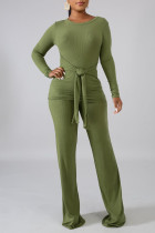 Green Casual Solid Bandage Patchwork O Neck Long Sleeve Two Pieces