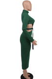 Vestidos de falda de un paso con cuello en O sin espalda sólido casual de moda verde