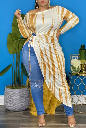 Amarillo estampado de moda vendaje asimétrico fuera del hombro manga larga vestidos de talla grande