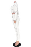 Blanco moda casual patchwork liso medio cuello alto manga larga dos piezas