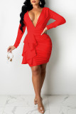 Red Fashion Sexy Solid Patchwork V Neck One Step Skirt Dresses