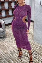 Фиолетовые сексуальные сплошные выдолбленные лоскутные платья с круглым вырезом и юбкой в ​​один шаг