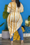Yellow Fashion Print Bandage Asymmetrical Off the Shoulder Long Sleeve Plus Size Dresses