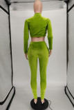 Флуоресцентный зеленый модный повседневный однотонный базовый воротник на молнии с длинным рукавом из двух частей