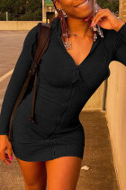 ブラック ファッション カジュアル ソリッド パッチワーク ジッパー フード付き襟長袖ドレス