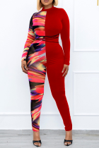 Red Sexy Print Patchwork O Neck Macacões Plus Size