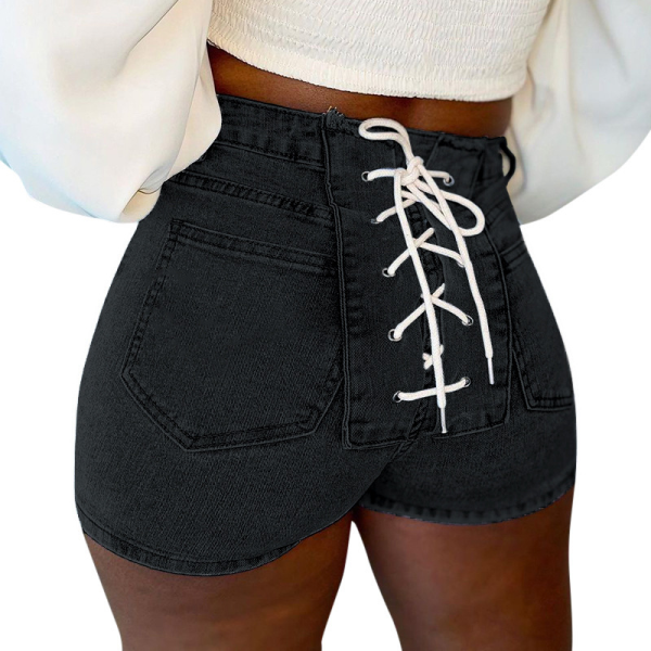 Short en jean skinny noir sexy à cordon de serrage uni taille moyenne