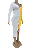Yellow Fashion Casual Patchwork Bandage V Neck Long Sleeve Dresses