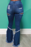 Dunkelblaue Street Solid zerrissene Patchwork-Jeans mit hohem Bund und Boot-Cut-Denim