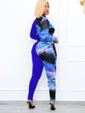 Blauwe sexy print patchwork O-hals plus size jumpsuits