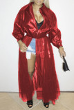 Красная модная однотонная верхняя одежда в стиле пэчворк с сетчатым отложным воротником и пряжкой