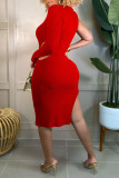 Rose Red Sexy Solid Hollowed Out Patchwork Half A Turtleneck One Step Skirt Dresses