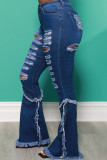 Голубые уличные однотонные рваные джинсы в стиле пэчворк с высокой талией из денима с вырезом под сапоги
