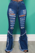 Donkerblauwe straat effen gescheurde patchwork hoge taille denim jeans met bootcut