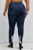 Tibetan Blue Fashion Casual Solid Ripped Plus Size Jeans