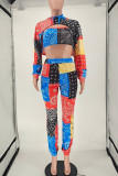 Multicolor Casual Street Print Patchwork Asymmetrical Hooded Collar Long Sleeve Three Pieces