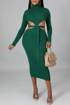 グリーン ファッション カジュアル ソリッド バックレス O ネック ワンステップ スカート ドレス